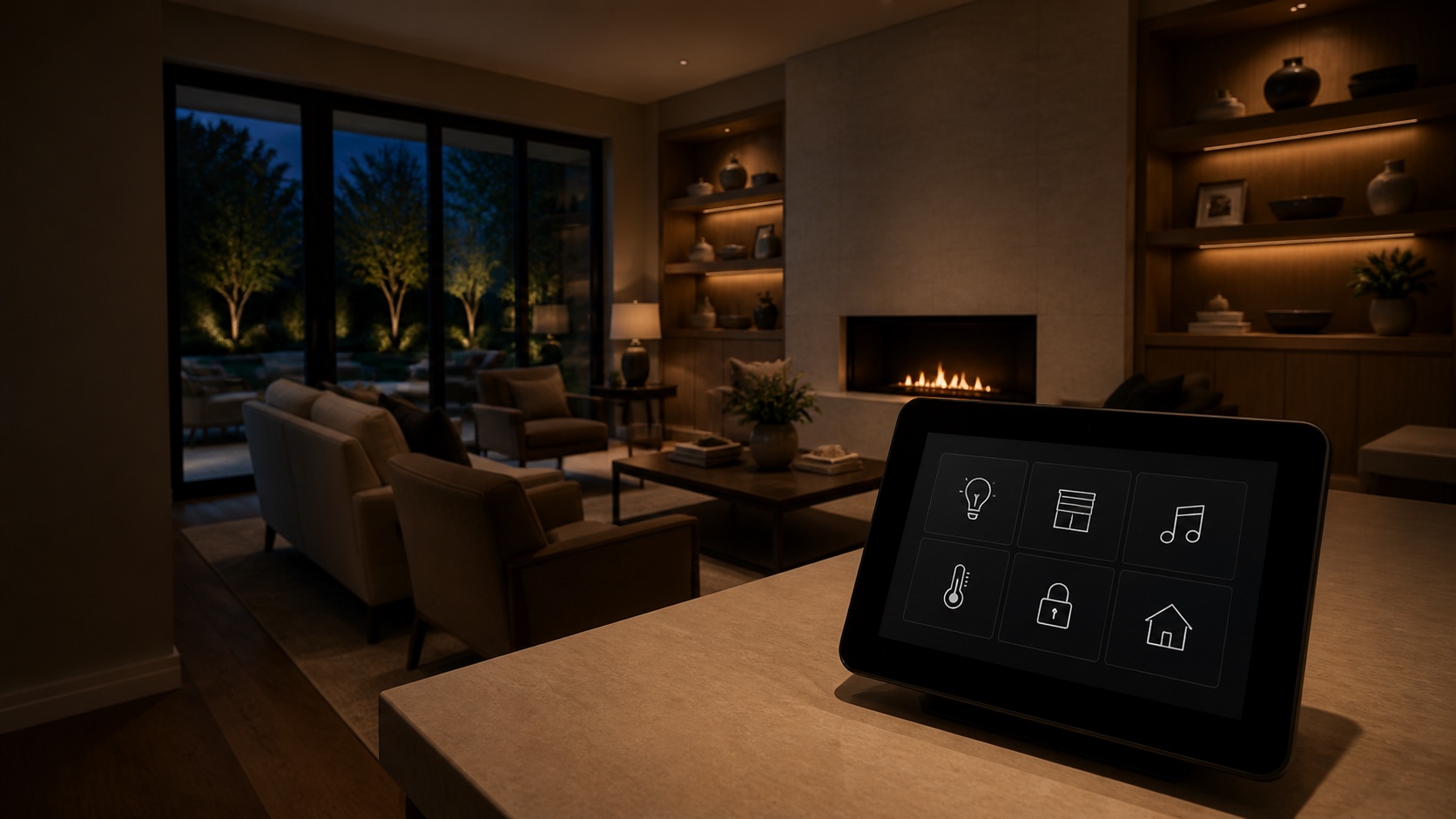 Whole-home control touchscreen beside an evening living room