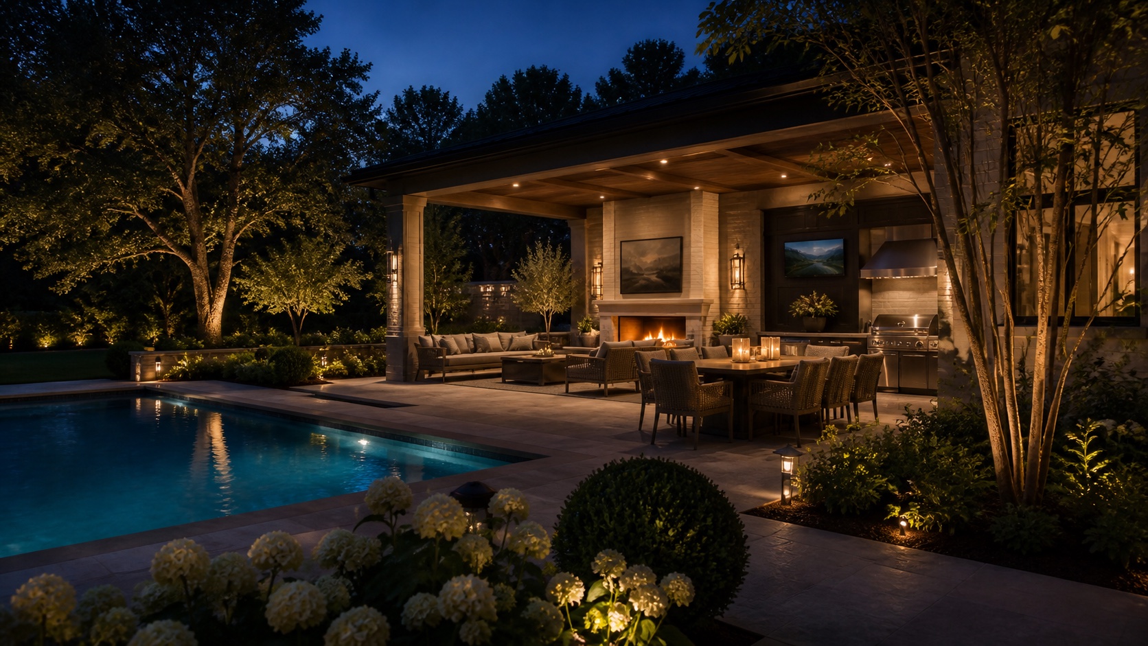Covered pool terrace with a fireplace, outdoor kitchen, television, and landscape lighting at dusk