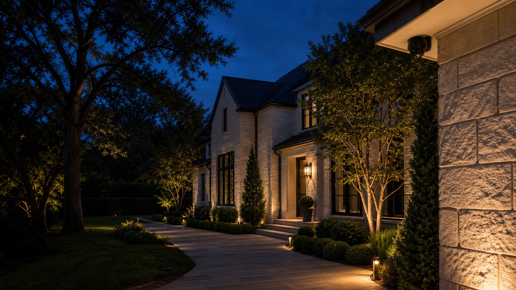 Low-profile surveillance camera monitoring a landscaped residential entry at dusk