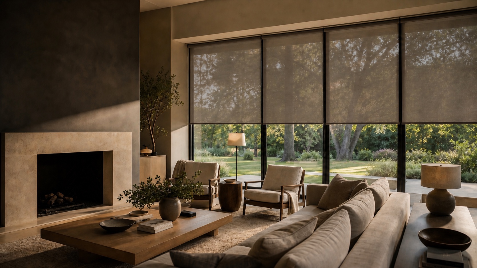 Motorized roller shades filtering daylight in a modern living room