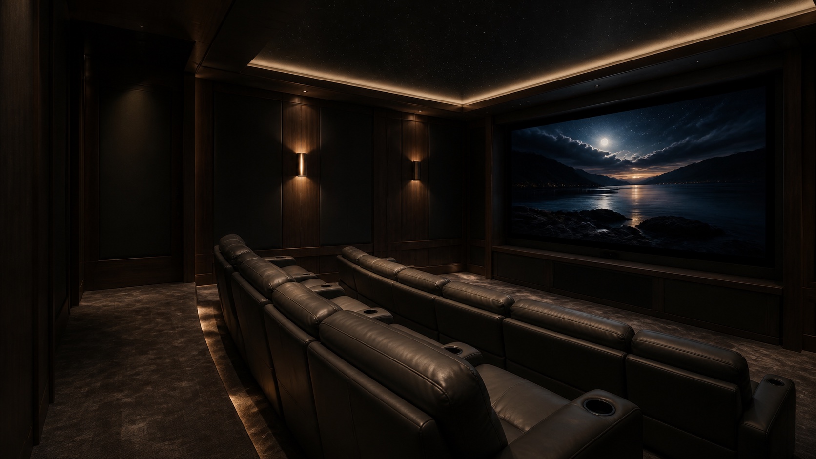 Dark private cinema with tiered leather seating, architectural lighting, and a projection screen
