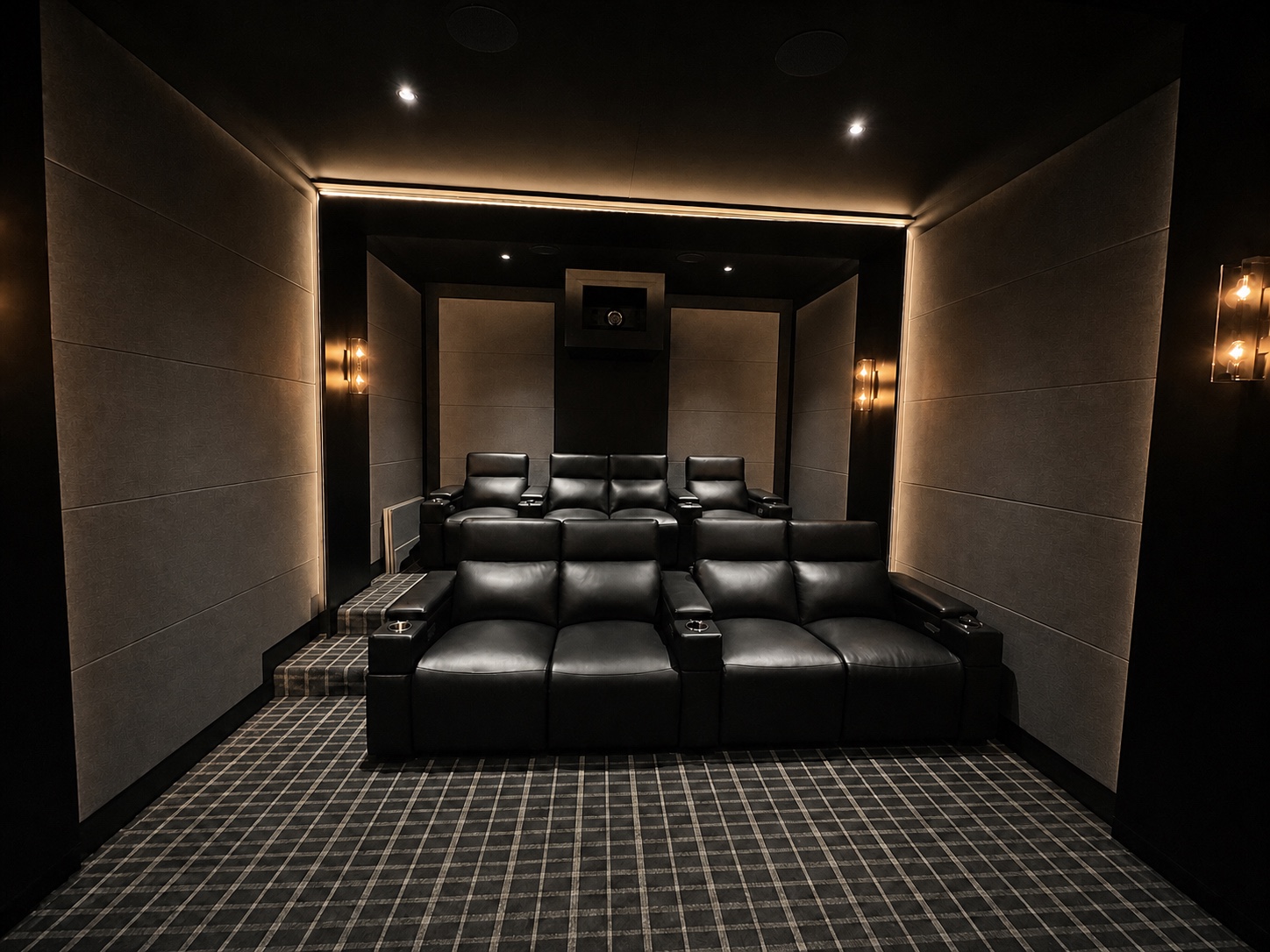 Centered view of both seating rows and projector enclosure