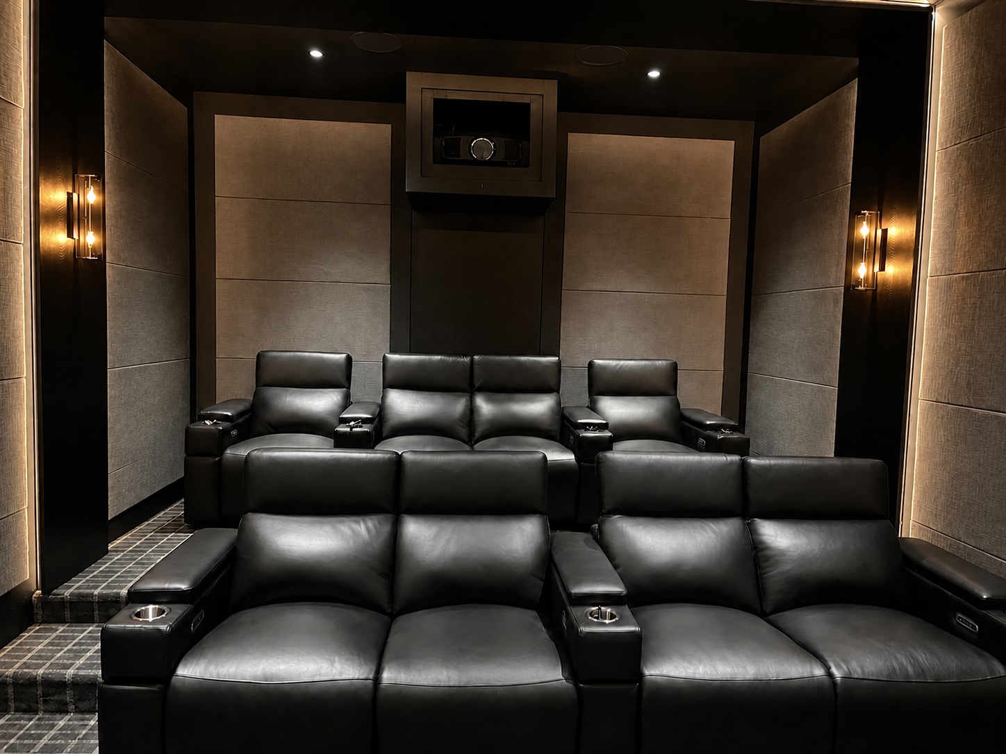 Front view of the tiered seating and projector