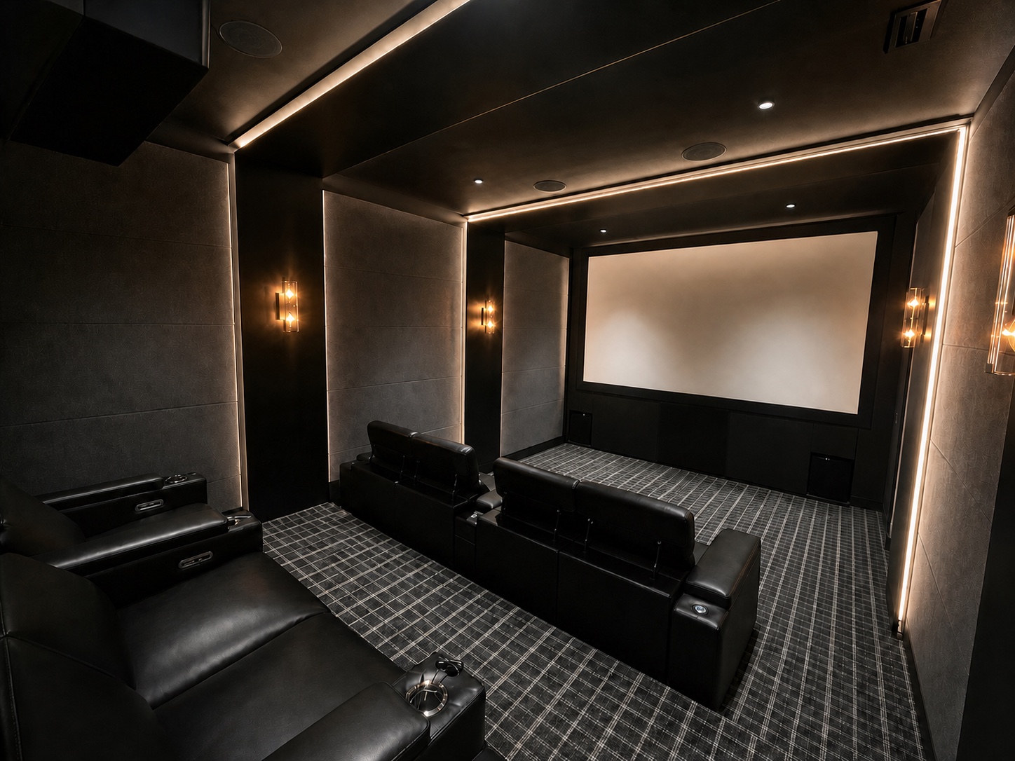 Completed Hickory custom home theater with tiered seating and architectural lighting