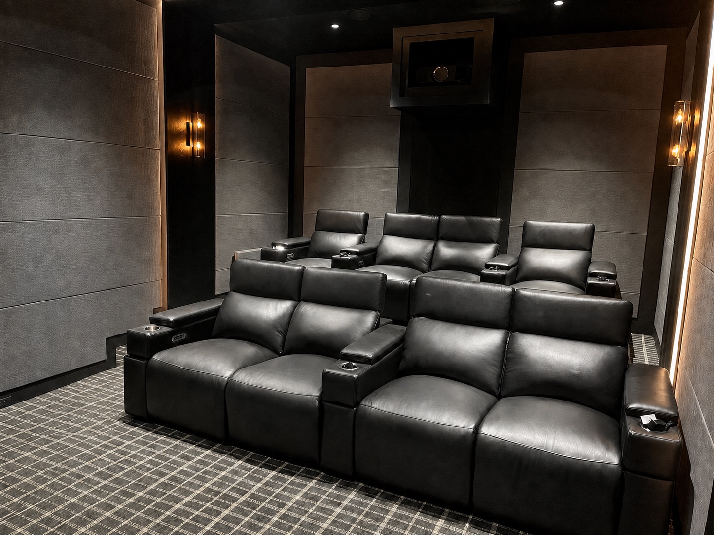 Finished seating, acoustic panels, sconces, and projector enclosure