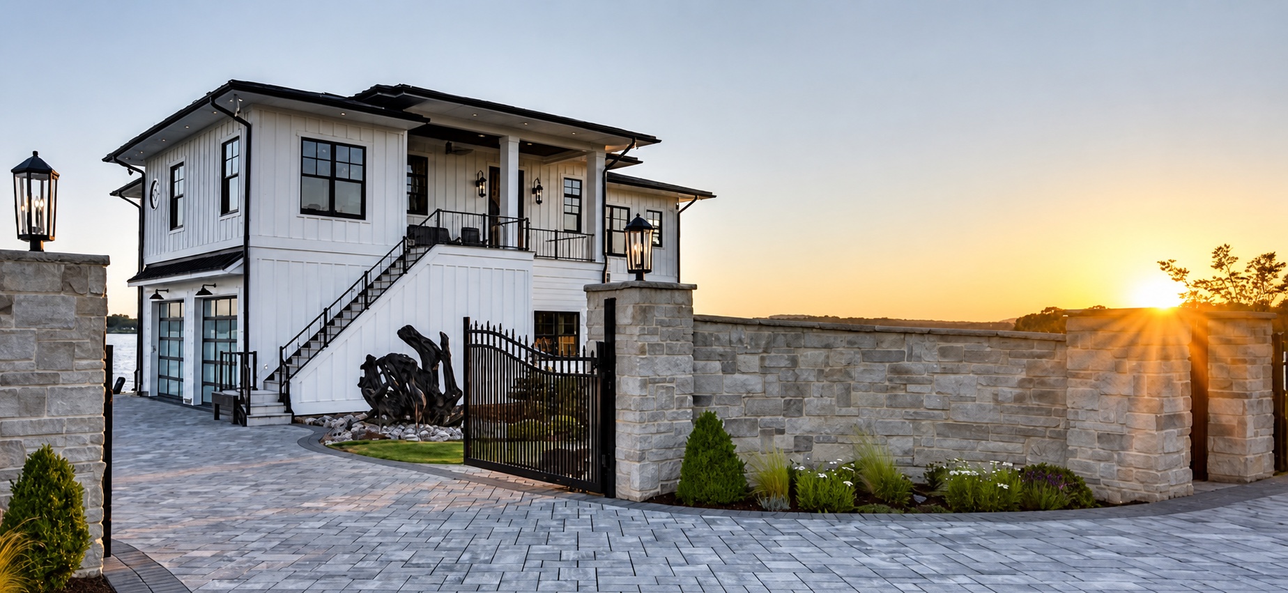 Lake Norman residence and landscaped entry at sunset