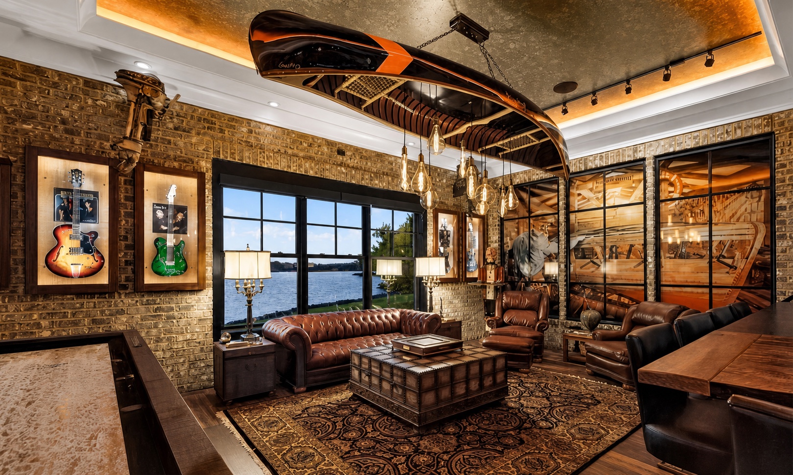 Music-themed lounge with architectural lighting and lake views