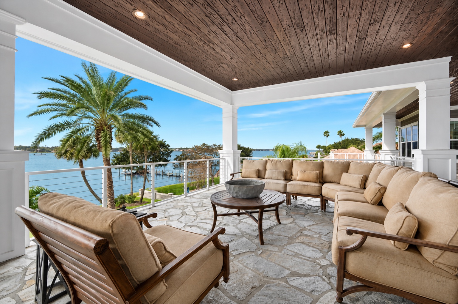 Covered upper terrace overlooking the Ormond Beach waterfront