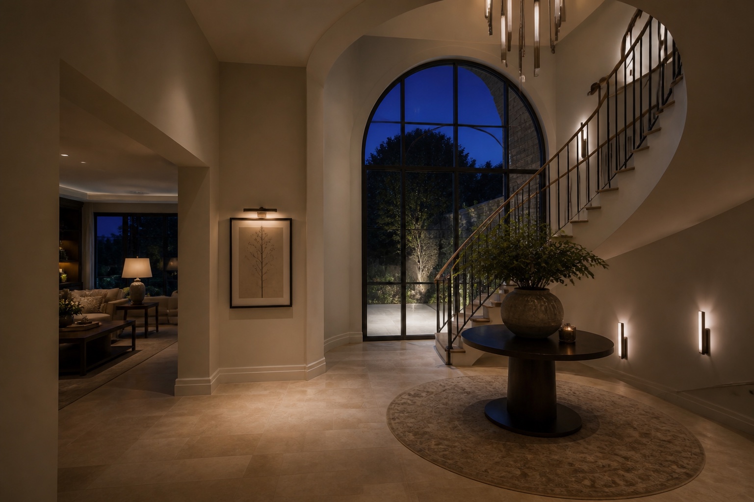 Unified lighting and comfort welcoming guests at a refined entry