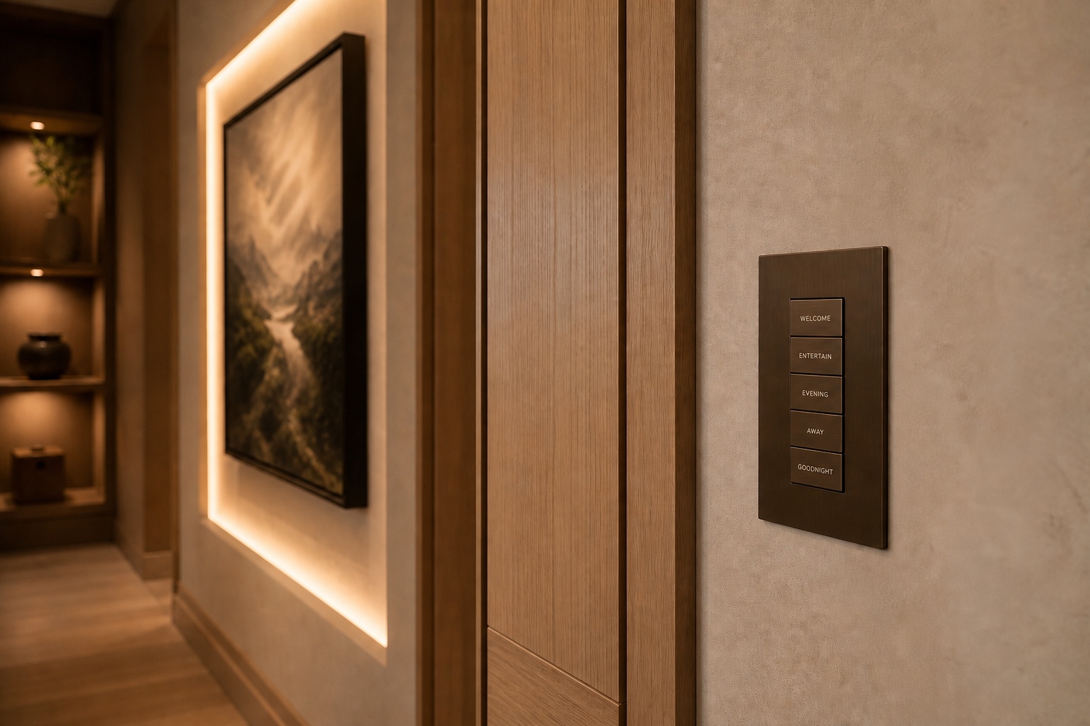 Minimal whole-home control keypad beside oak paneling