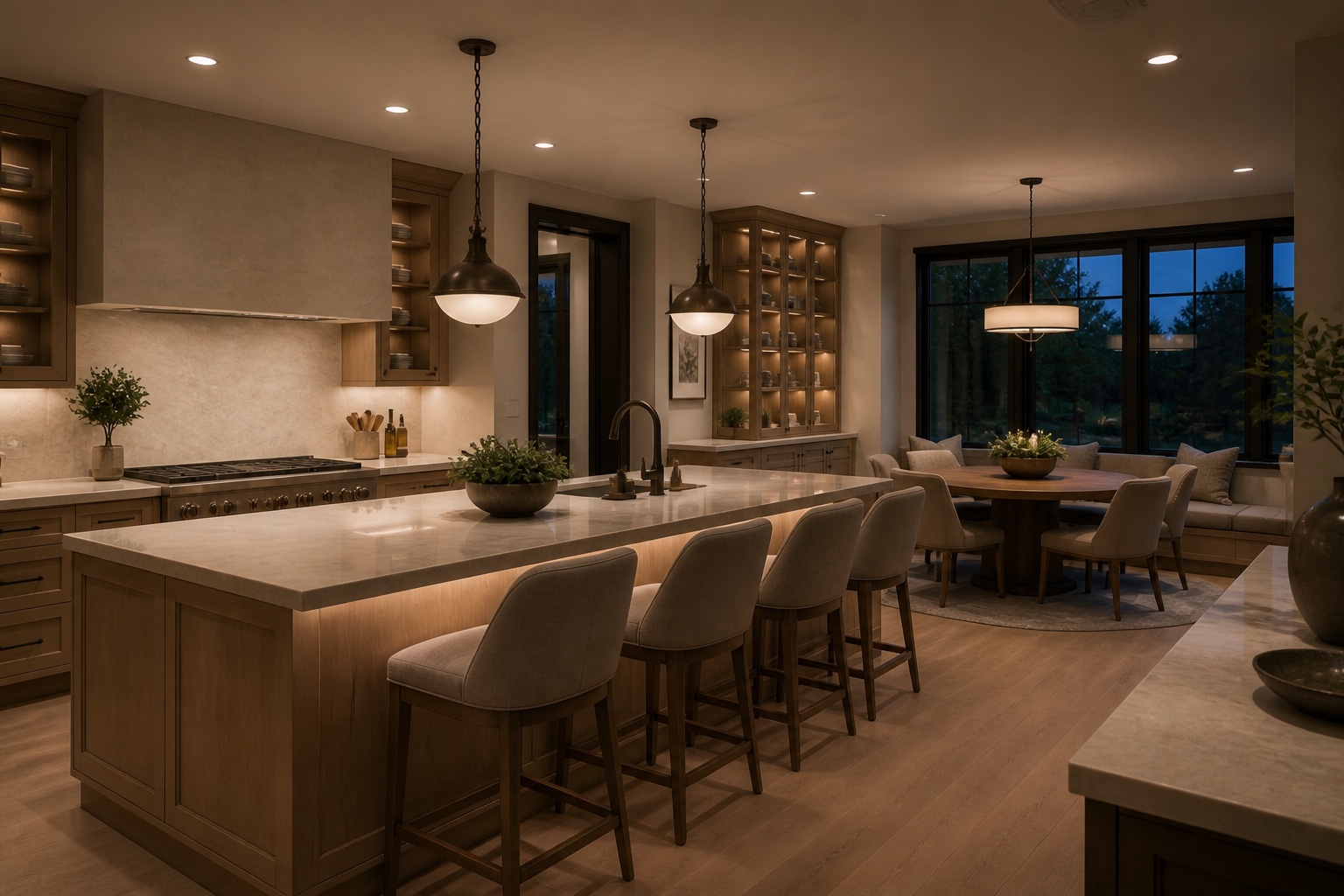Layered evening lighting in an elegant kitchen