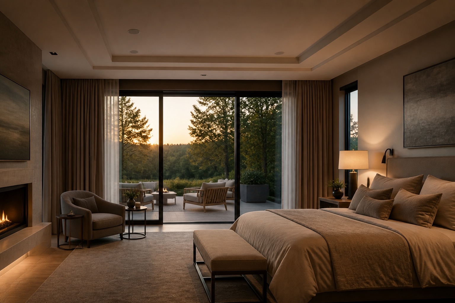 Integrated drapery and lighting in a tranquil primary suite
