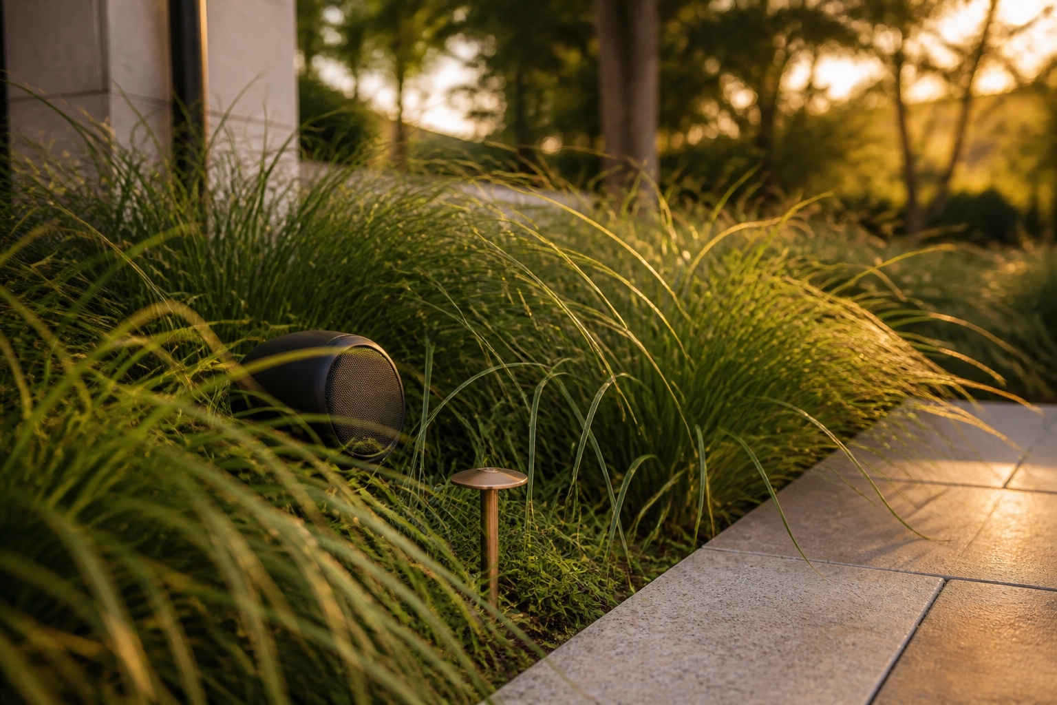 Weather-ready landscape speaker placed among ornamental grasses