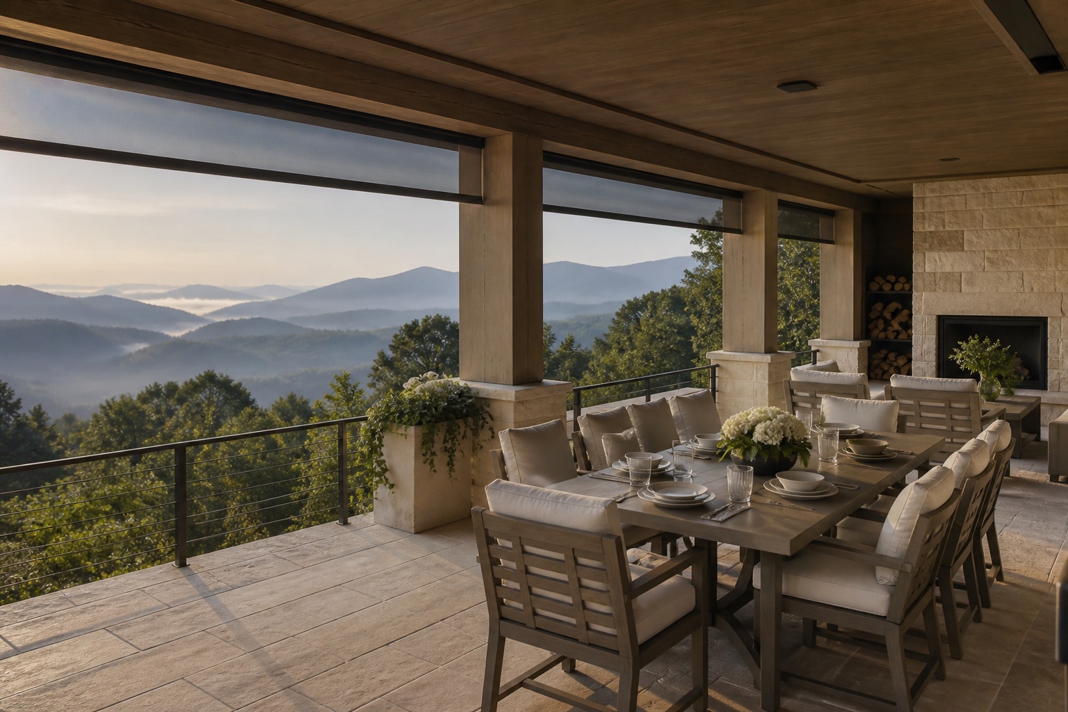 Mountain porch with integrated solar shades and ceiling audio