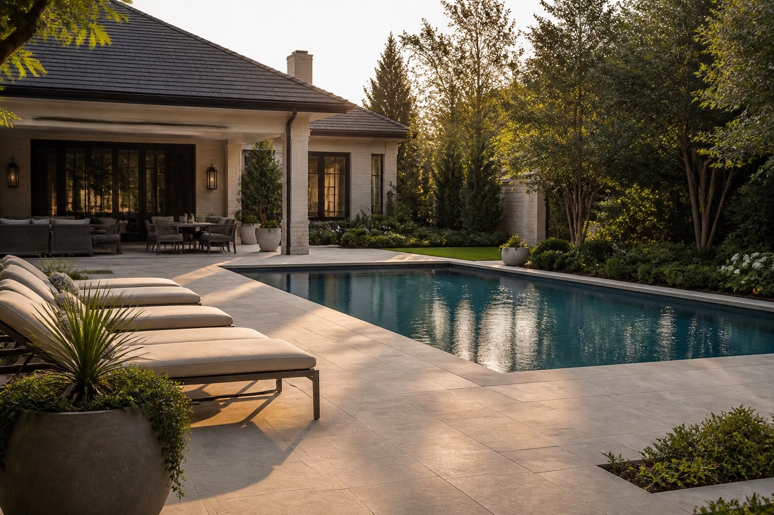 Landscaped pool courtyard at golden hour