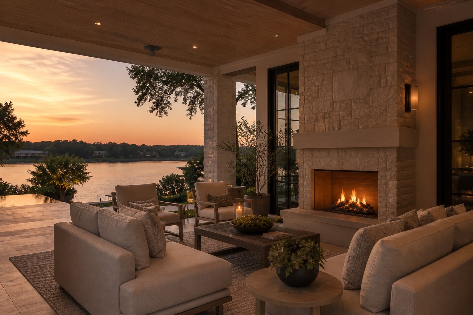 Covered lakefront terrace at sunset