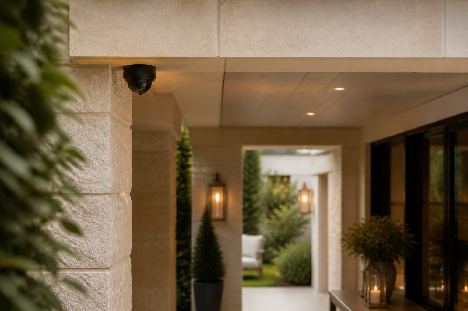 Low-profile surveillance camera integrated into a limestone passage