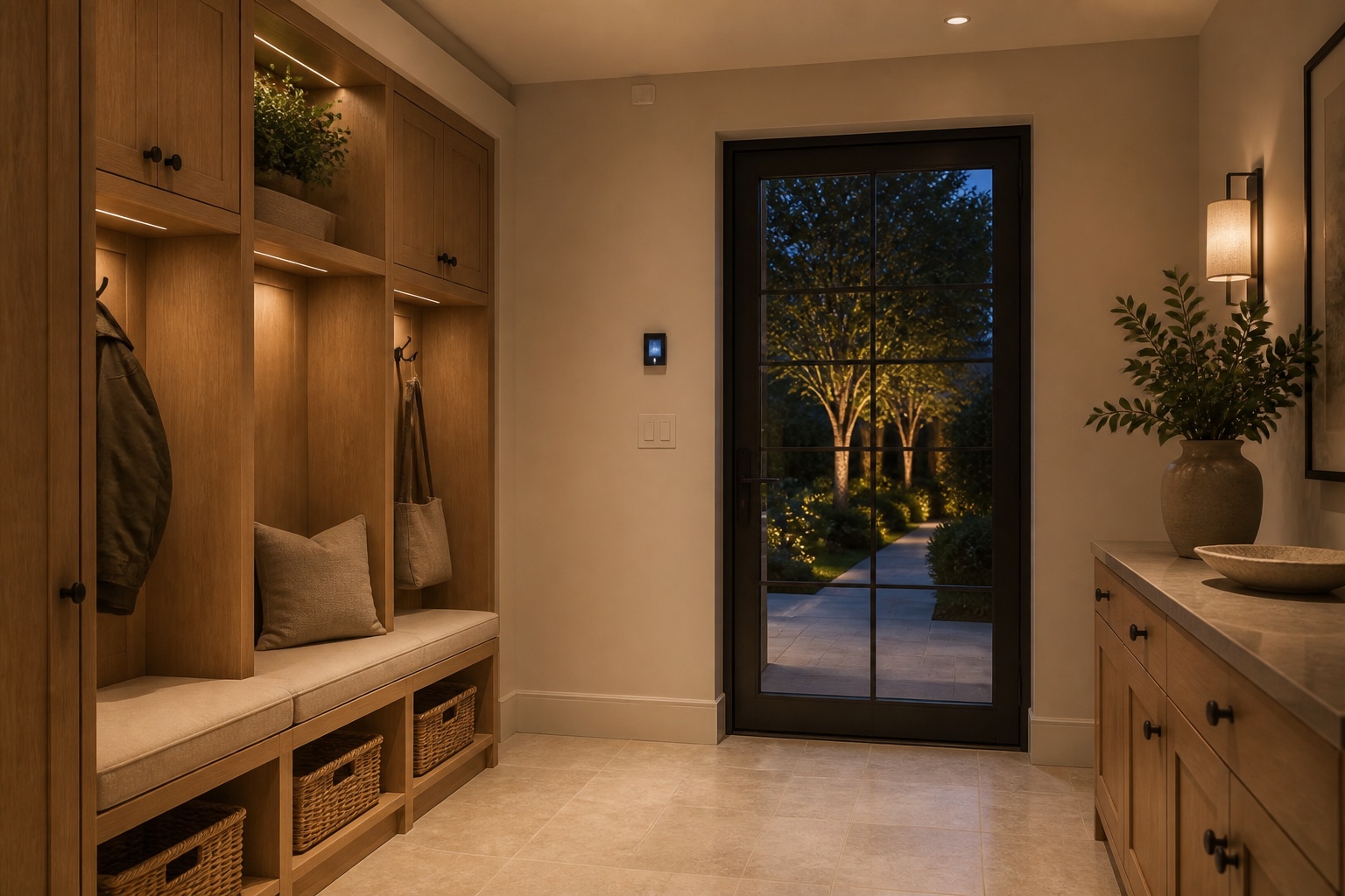 Secure rear entry designed as a warm custom mudroom