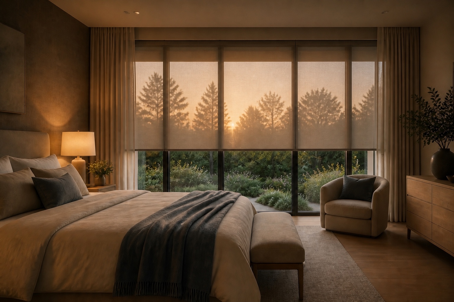 Quiet drapery and shading in a serene primary bedroom