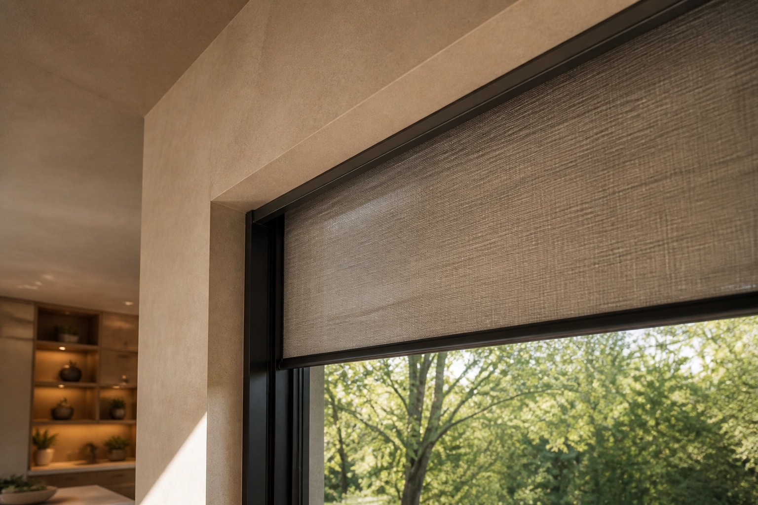 Motorized roller shade integrated into a recessed window opening