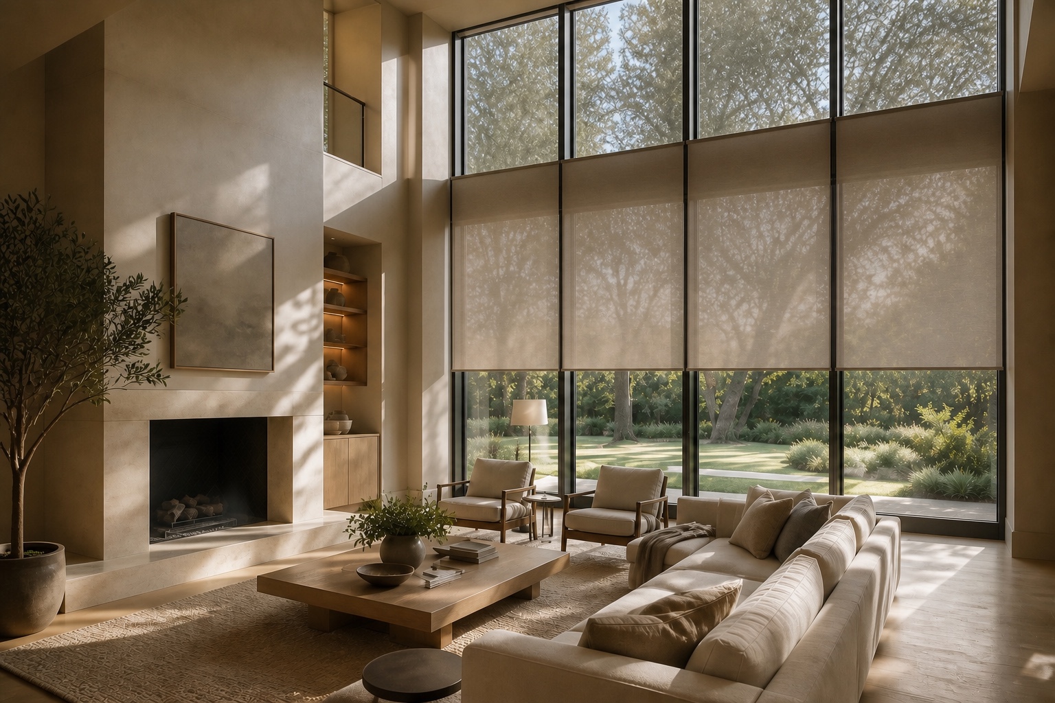 Automated shades filtering daylight in a sophisticated living room