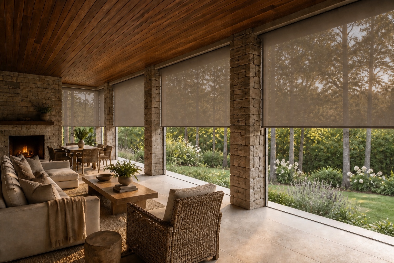 Integrated solar shades on an elegant covered porch