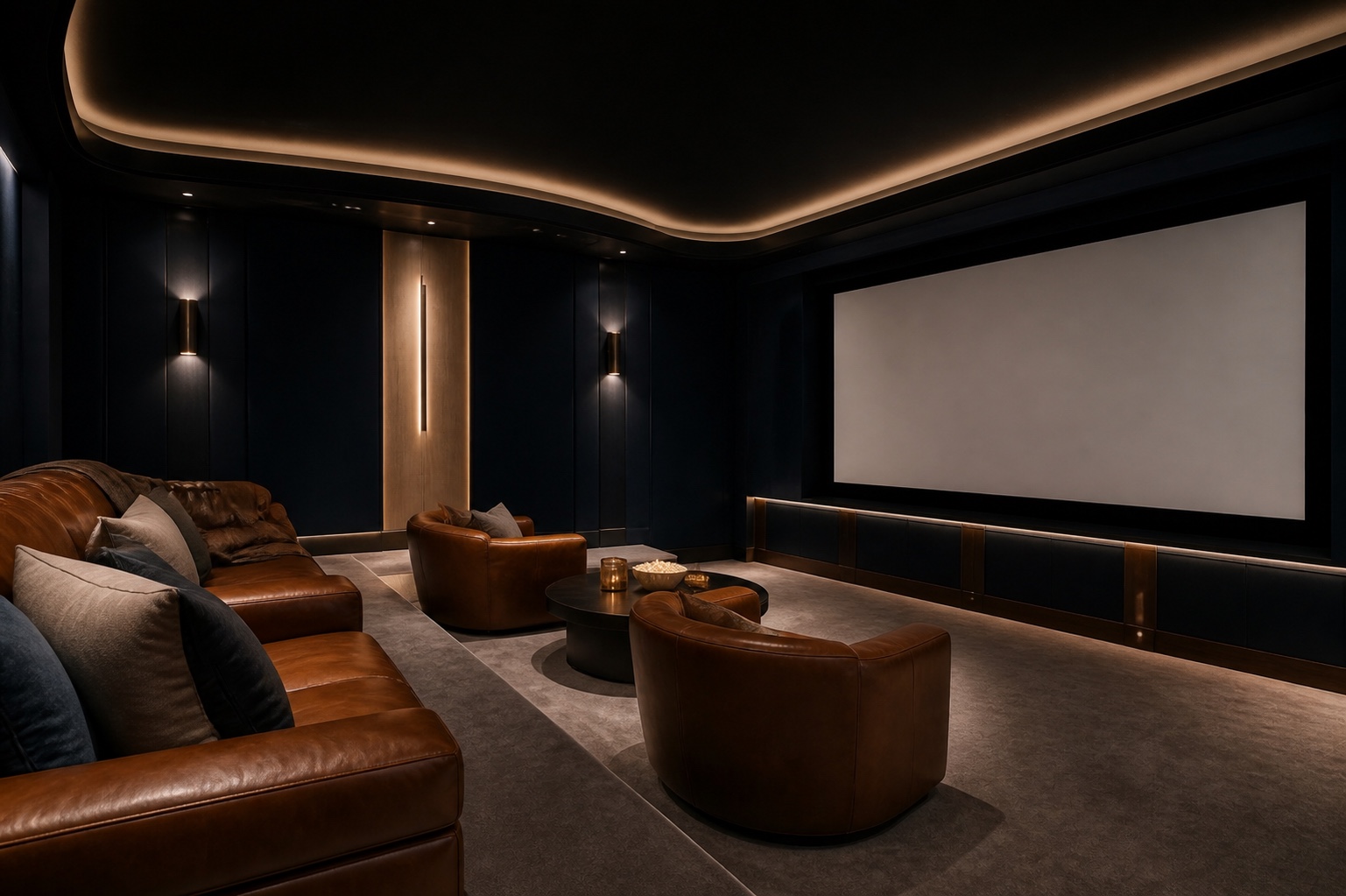 Deep navy estate screening room with cognac seating