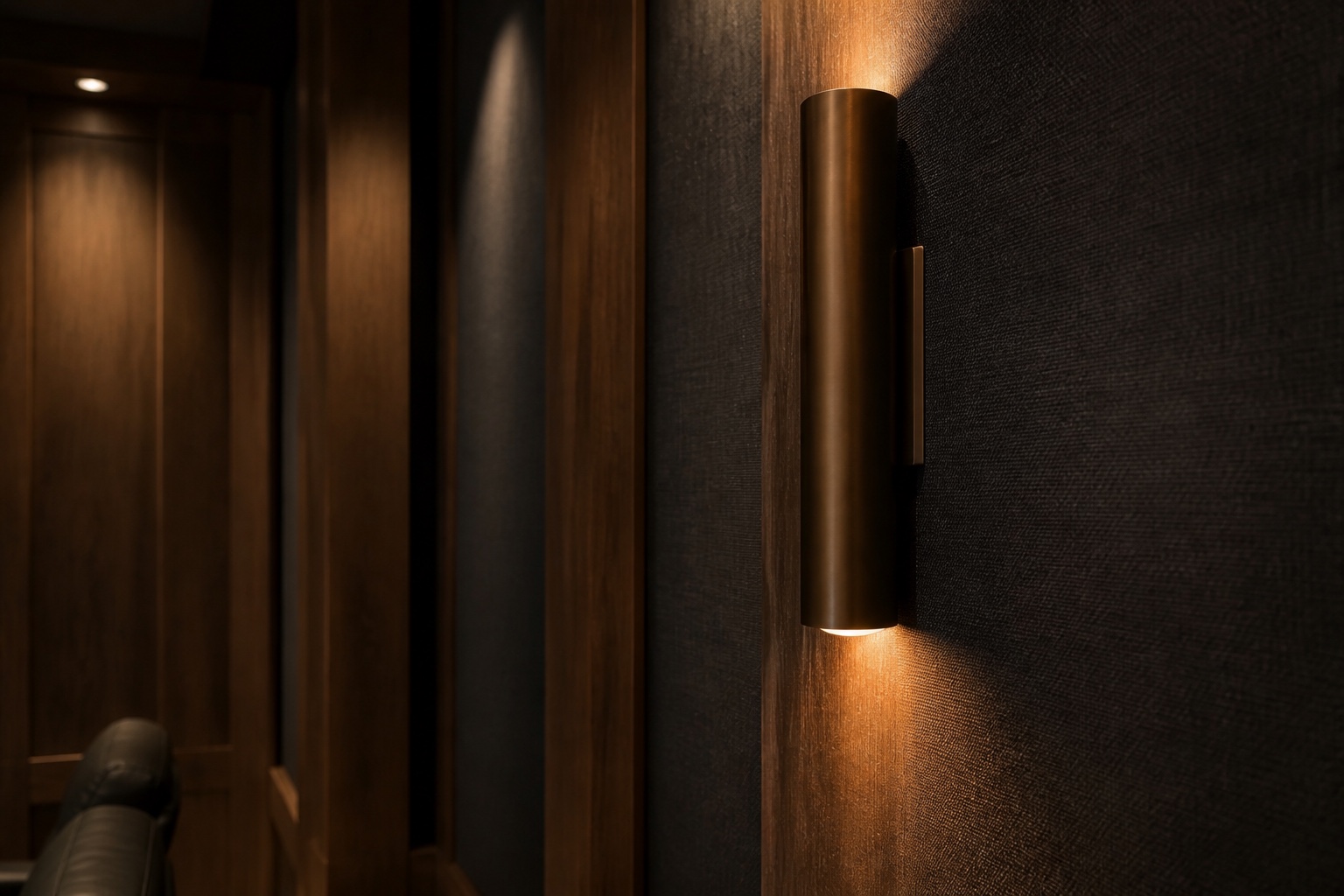 Acoustic fabric, walnut millwork, and bronze lighting detail