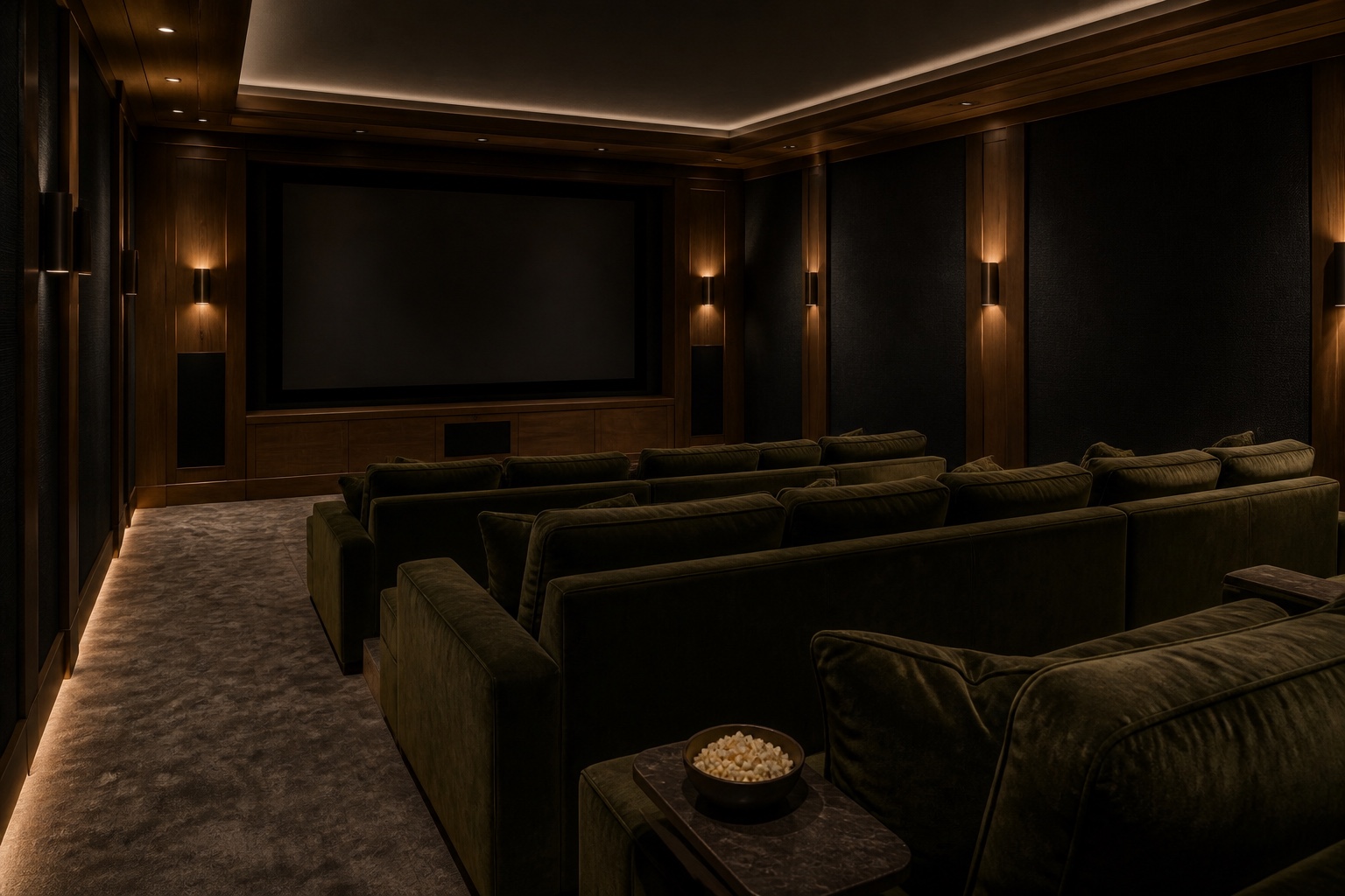 Intimate charcoal and walnut private cinema