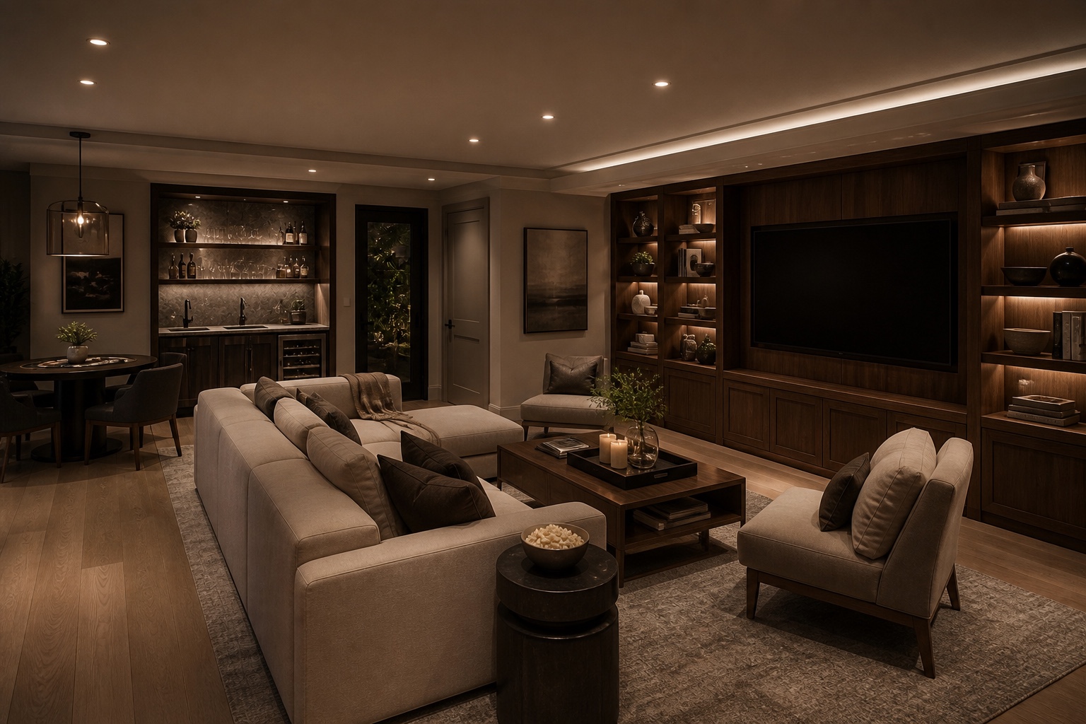 Sophisticated multipurpose media lounge with integrated display