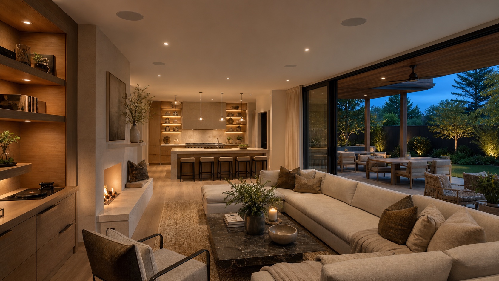 Open living room and kitchen with flush ceiling speakers extending to a covered terrace