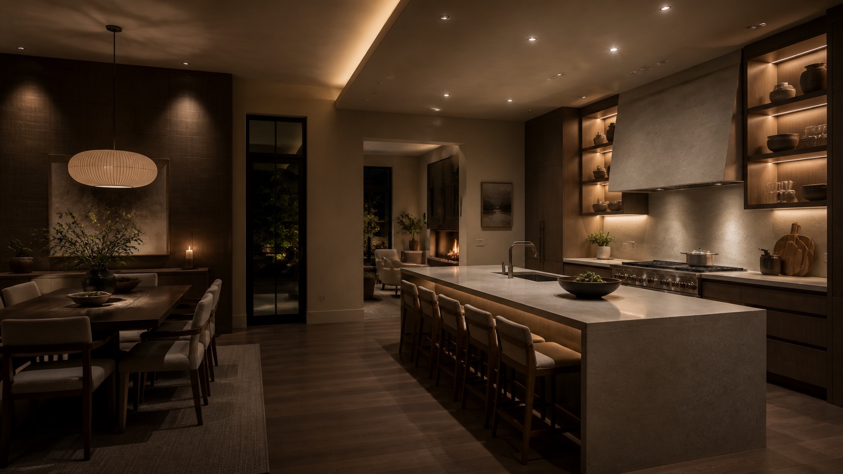 Layered architectural lighting across a kitchen and dining room at night