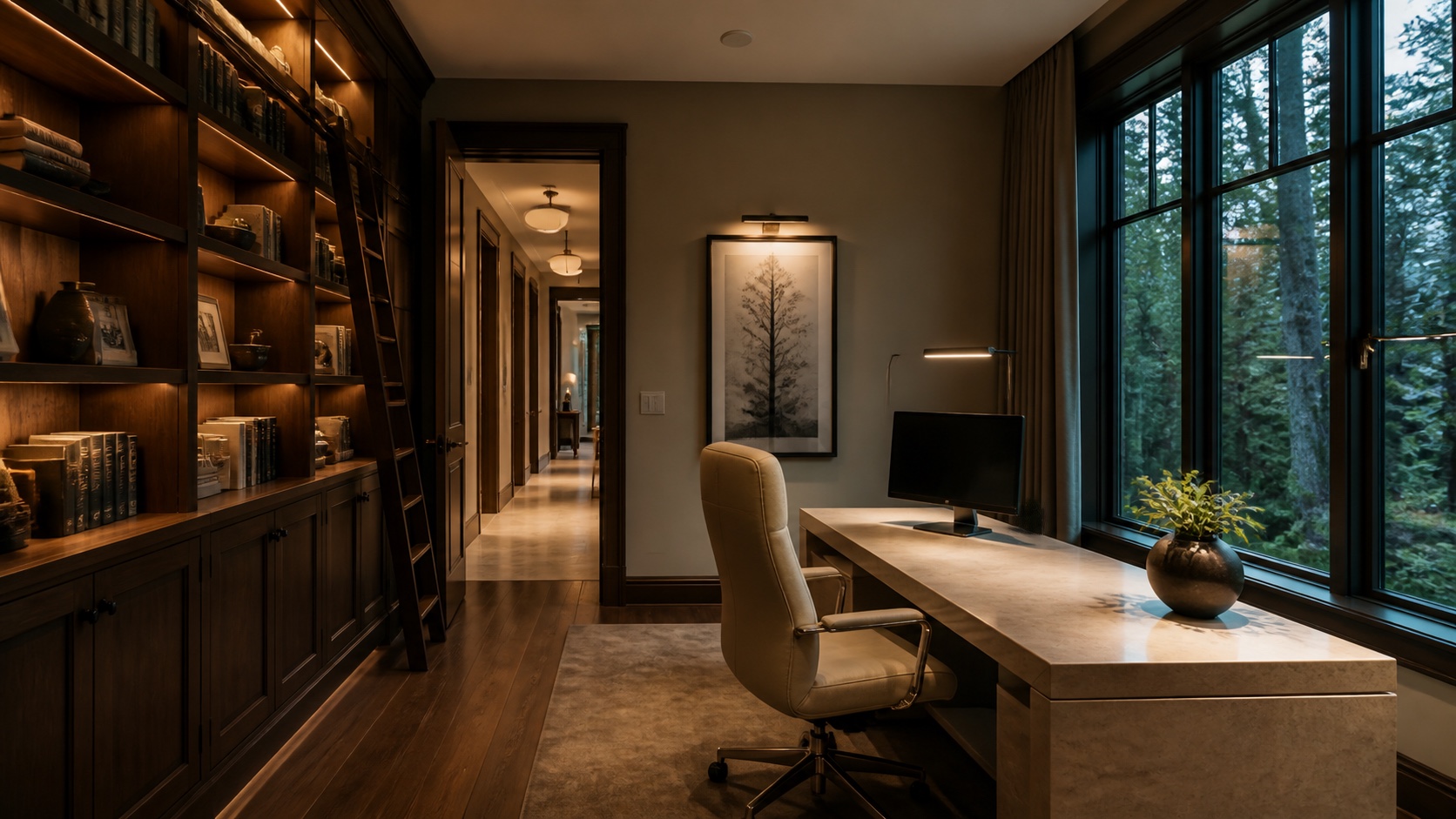Wood-paneled home office with a desktop workstation beside garden windows