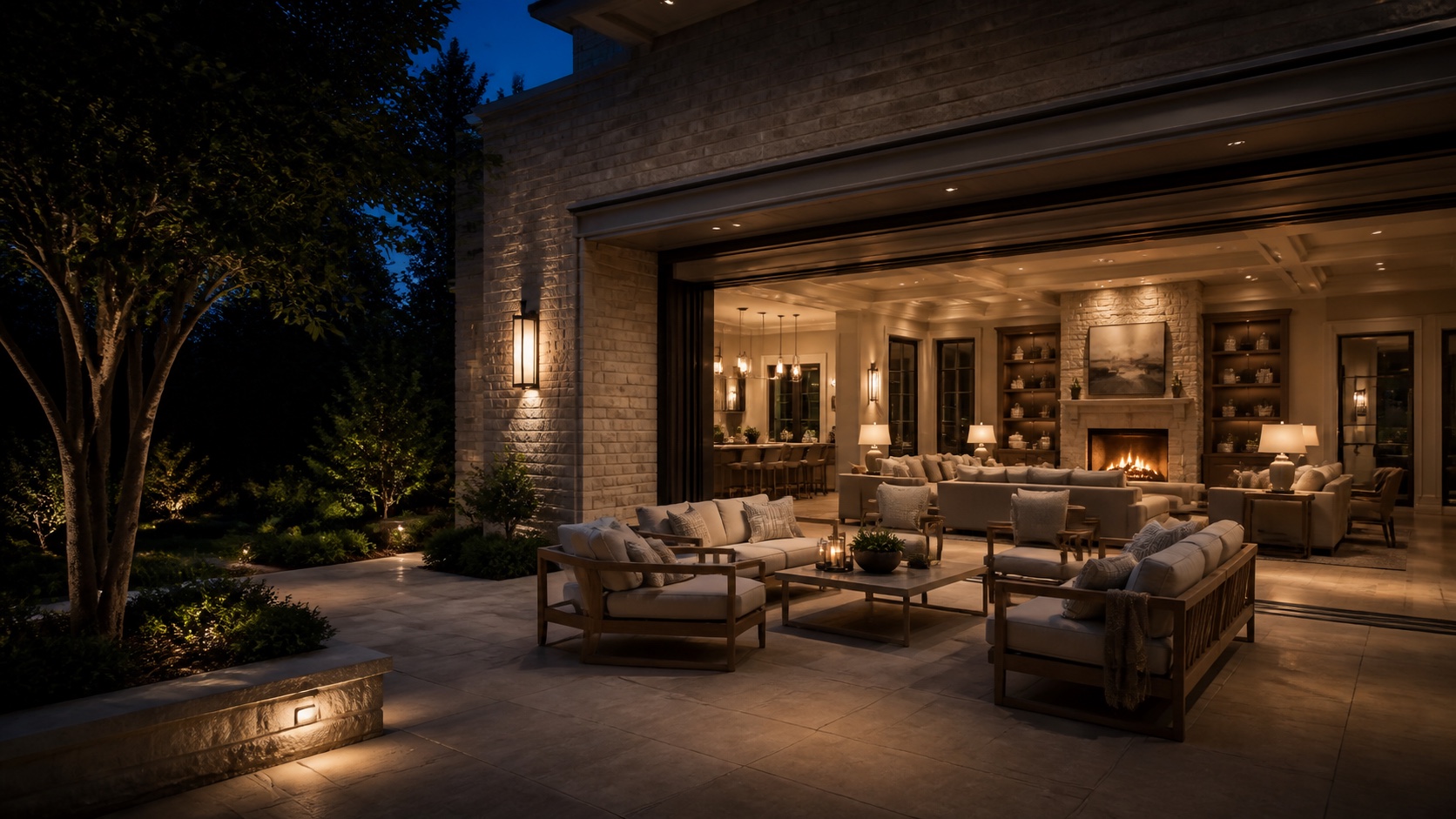 Indoor-outdoor living space with architectural and landscape lighting at dusk