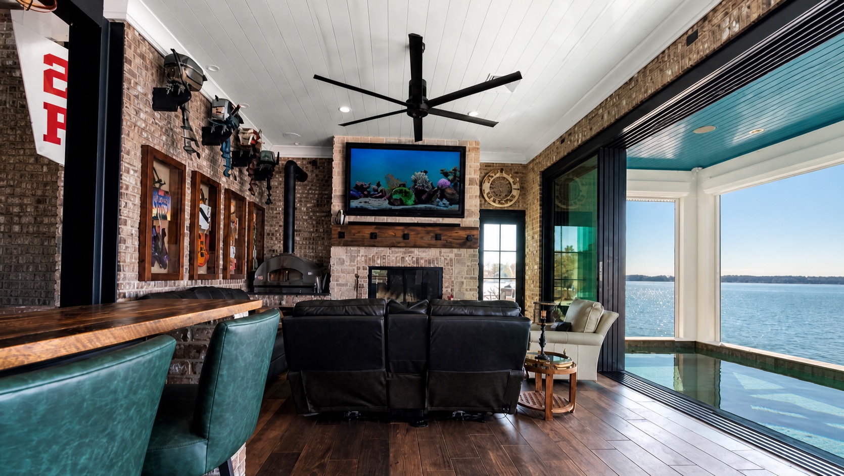 Completed Lake Norman media lounge beside the indoor pool