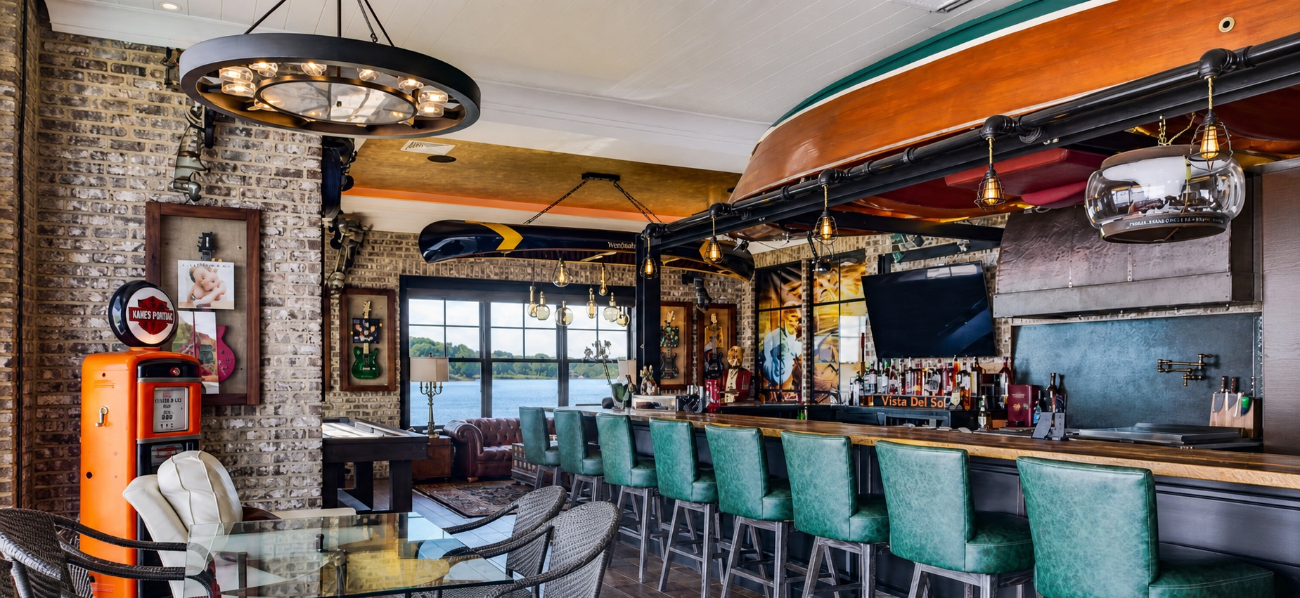 Custom entertainment bar with integrated displays, lighting, and audio