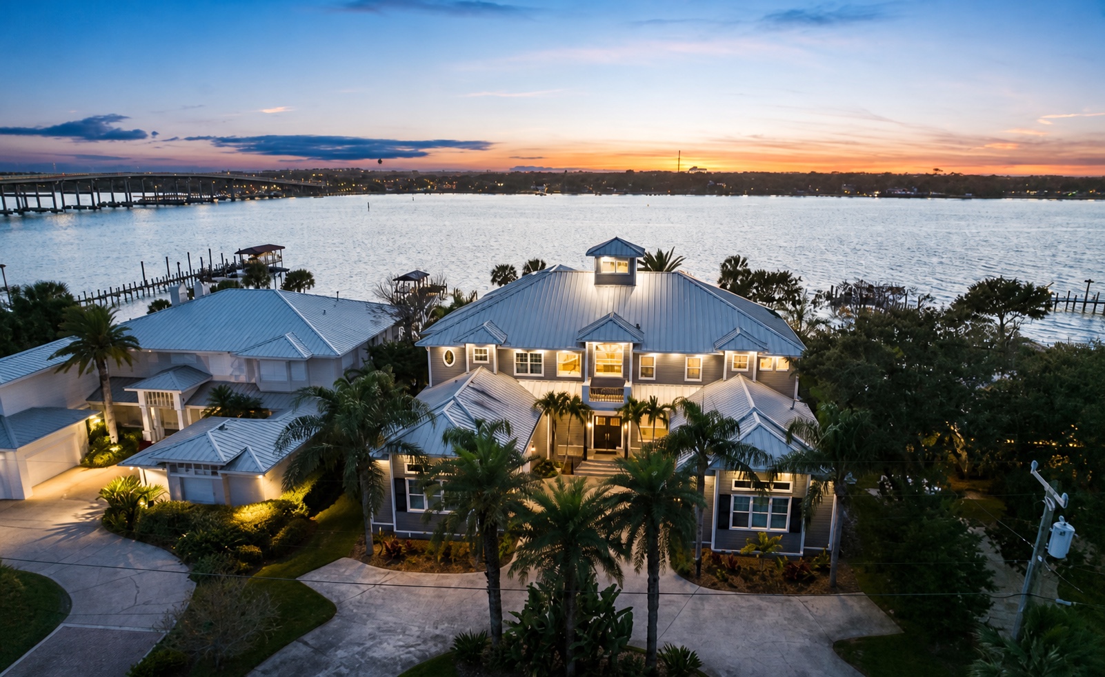 Ormond Beach waterfront residence at twilight