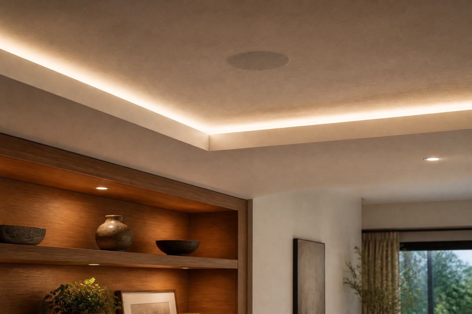 Flush architectural speaker integrated into a detailed ceiling