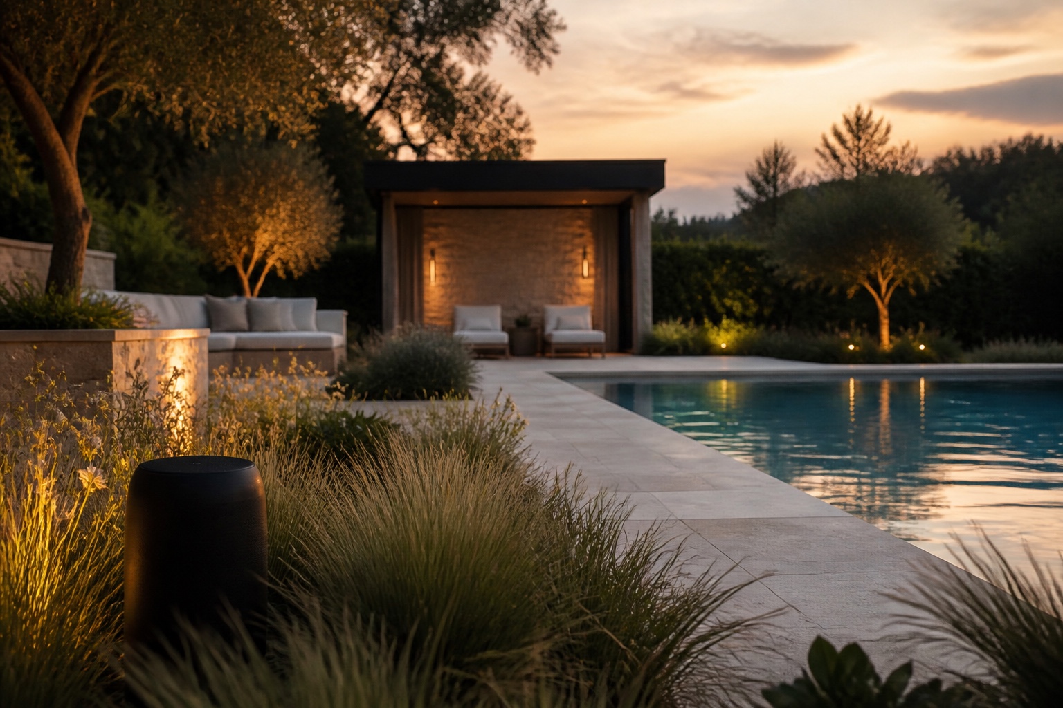Landscape audio around a refined pool terrace