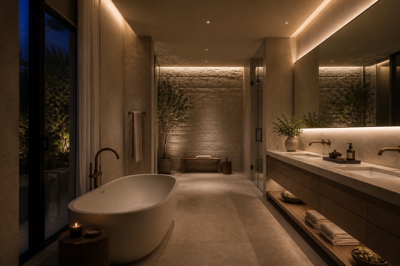 Soft integrated lighting in a luxury primary bathroom