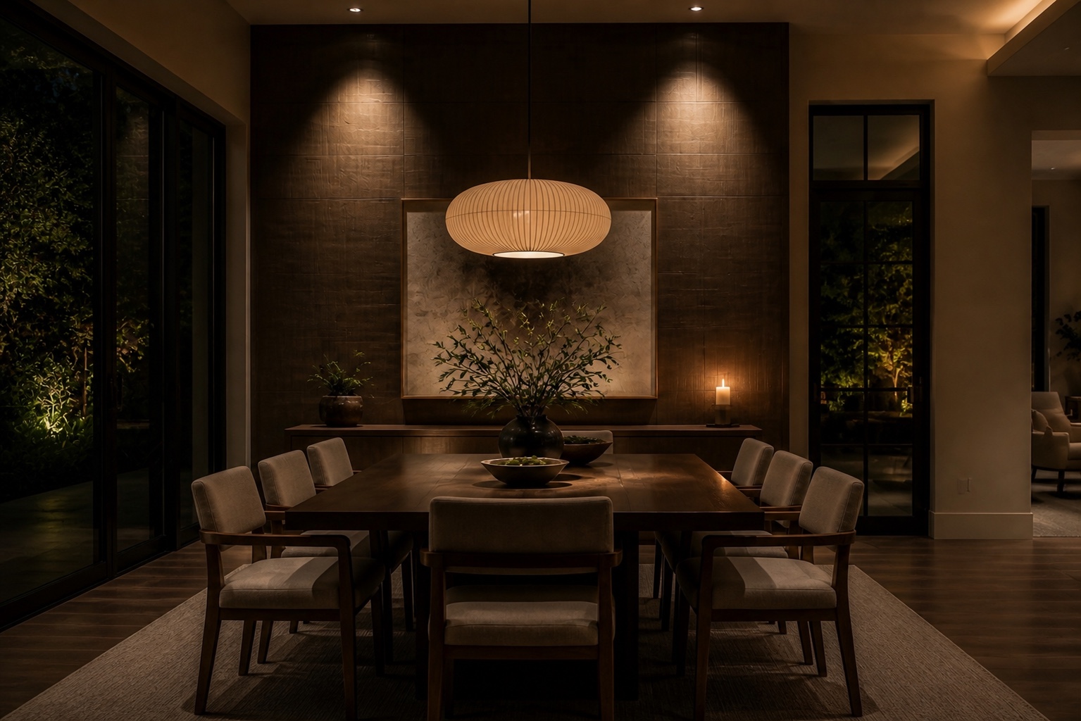 Layered architectural lighting in a refined dining room