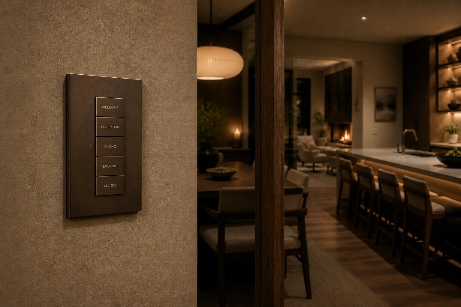 Bronze lighting scene keypad integrated beside a warm wood doorway