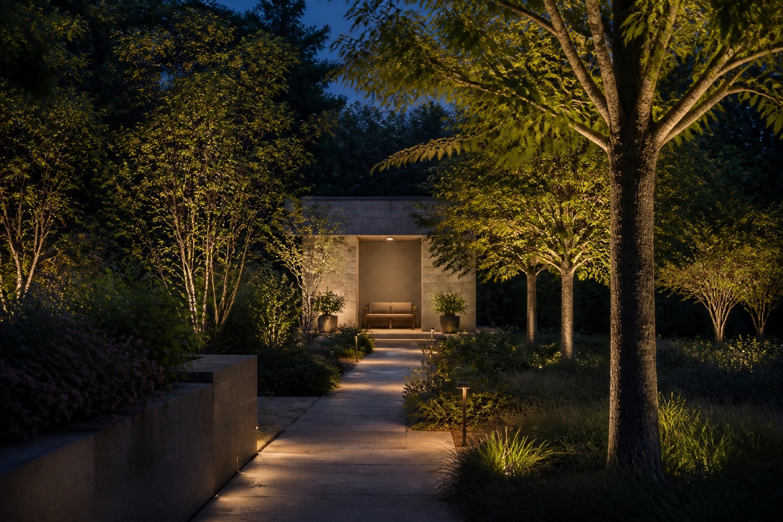 Landscape lighting around a Carolinas residence at dusk