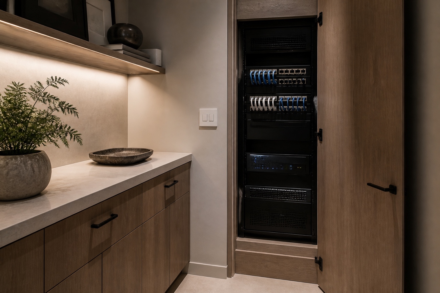 Cleanly organized residential network equipment enclosure