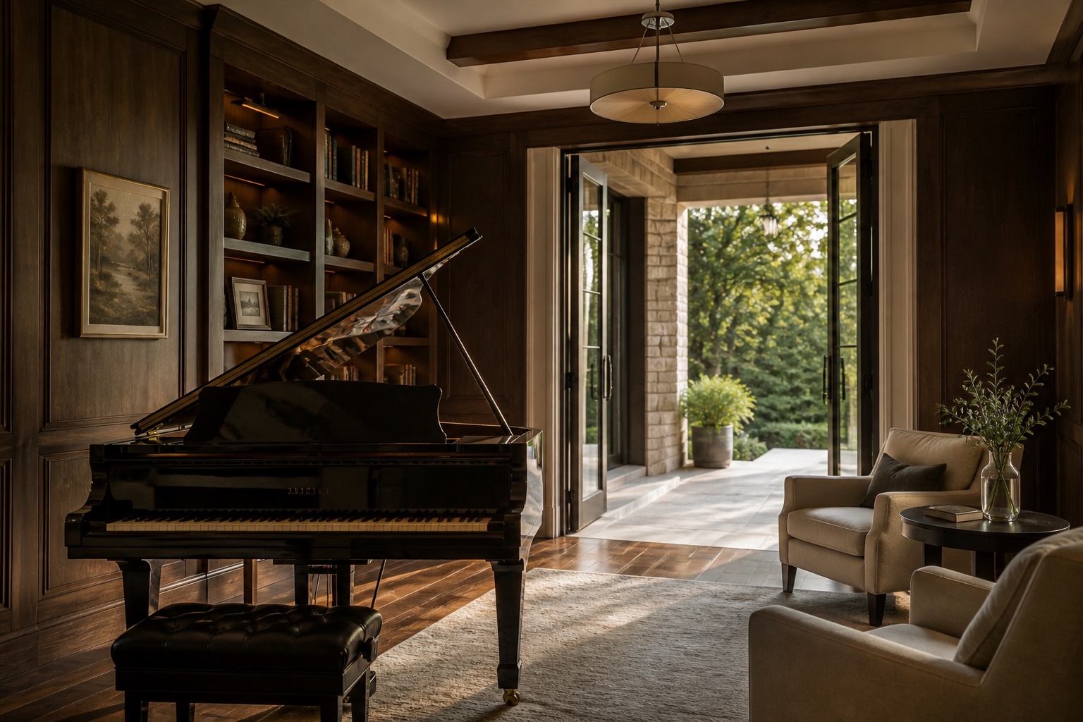 Music room with a grand piano opening to a garden terrace