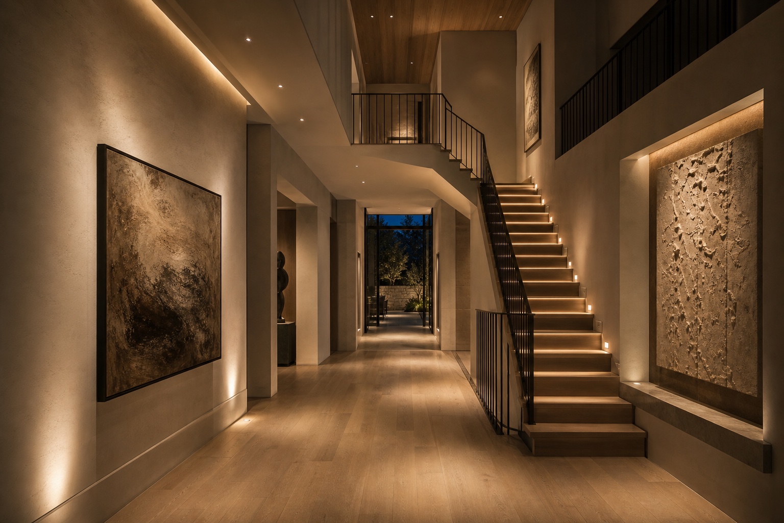 Layered architectural lighting along a modern staircase and art gallery