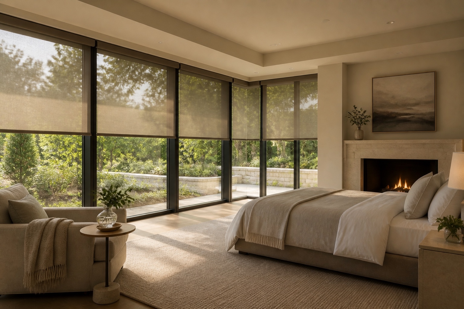 Automated roller shades filtering daylight in a primary bedroom